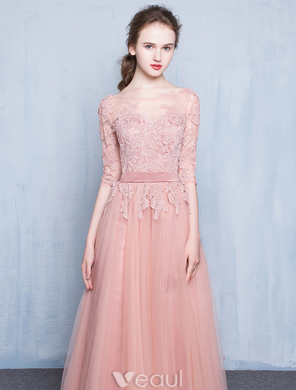 Elegant Pink Evening Dress 2016 A-line Scoop Neck Applique Lace ...