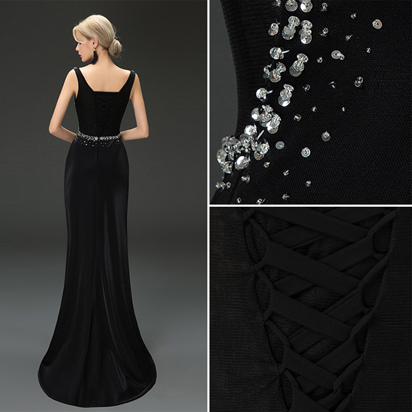 long black dress with rhinestone straps