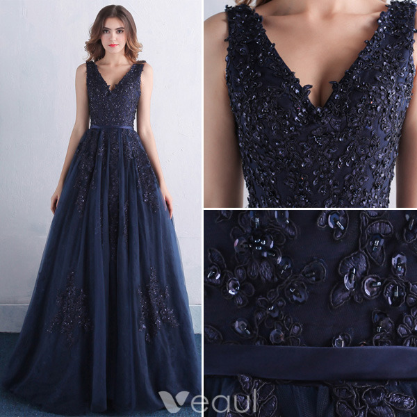 Elegant Prom Dresses 2016 V-neck Applique Lace With Sequins Navy Blue Tulle  Long Dress