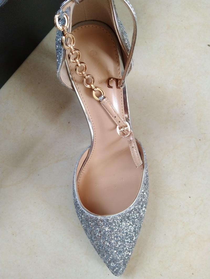 Sparkly Silver Sequins Wedding Shoes 2020 Rhinestone Ankle Strap 5 cm ...