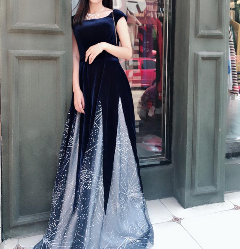 Chic / Beautiful Navy Blue Starry Sky Suede Evening Dresses 2018 A-Line ...